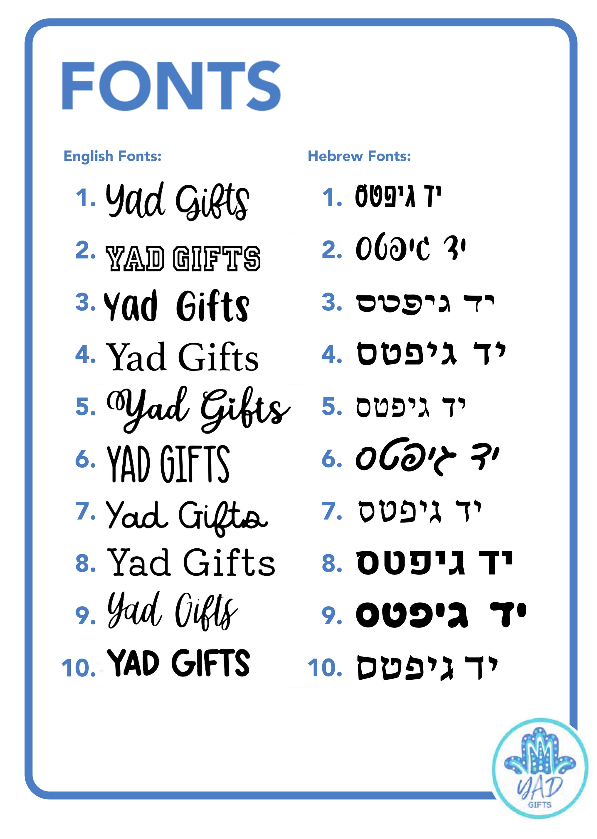 Font options available for personalized Yad Gifts products